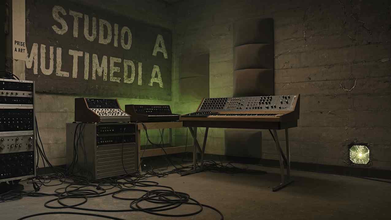 Photo de l’ancien studio ADE, prise à part posée sur une table en bois, fils lumineux s’échappant vers le plafond, circuit vert actif au centre, synthé et câbles , murs abîmés.