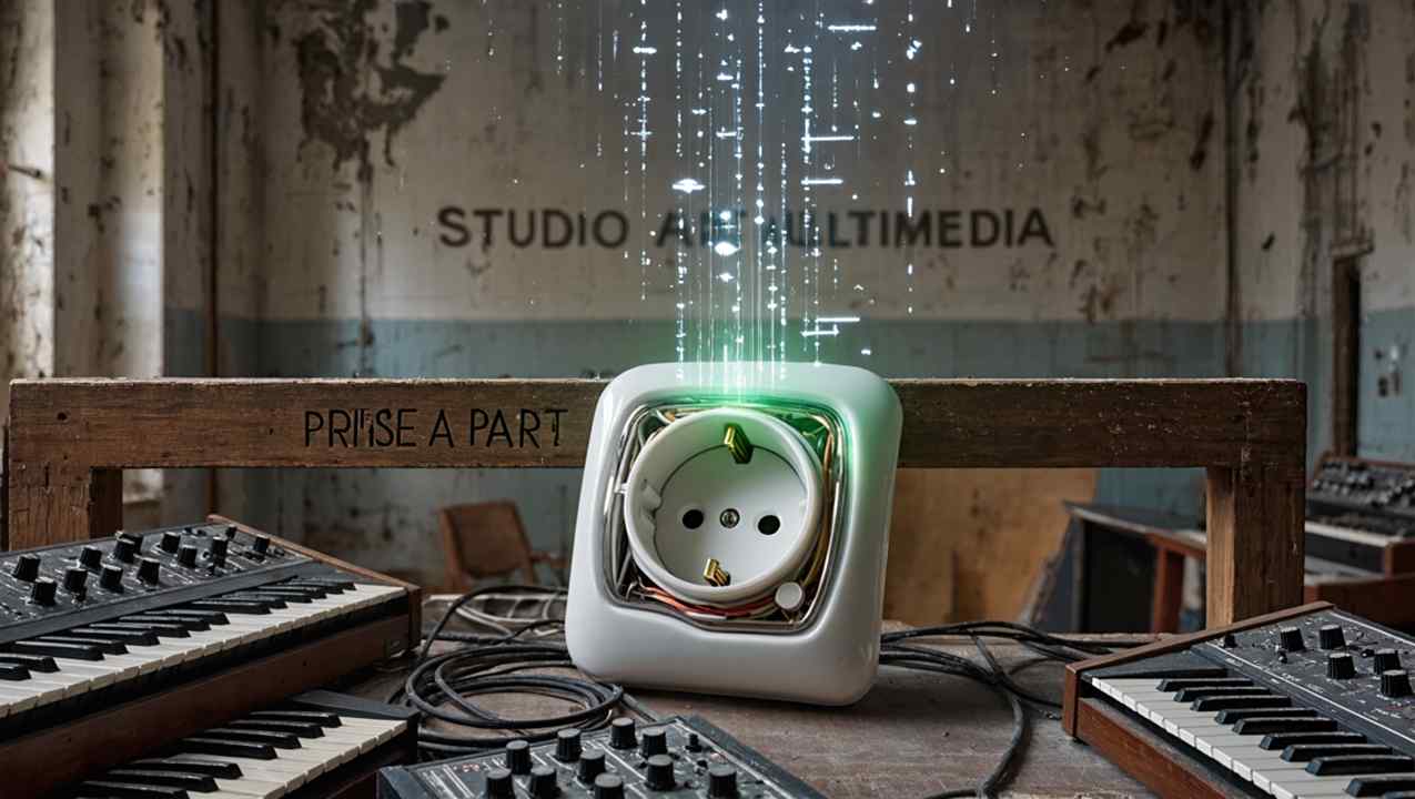 Photo de l’ancien studio ADE, prise à part posée sur une table en bois, fils lumineux s’échappant vers le plafond, circuit vert actif au centre, synthé et câbles , murs abîmés.