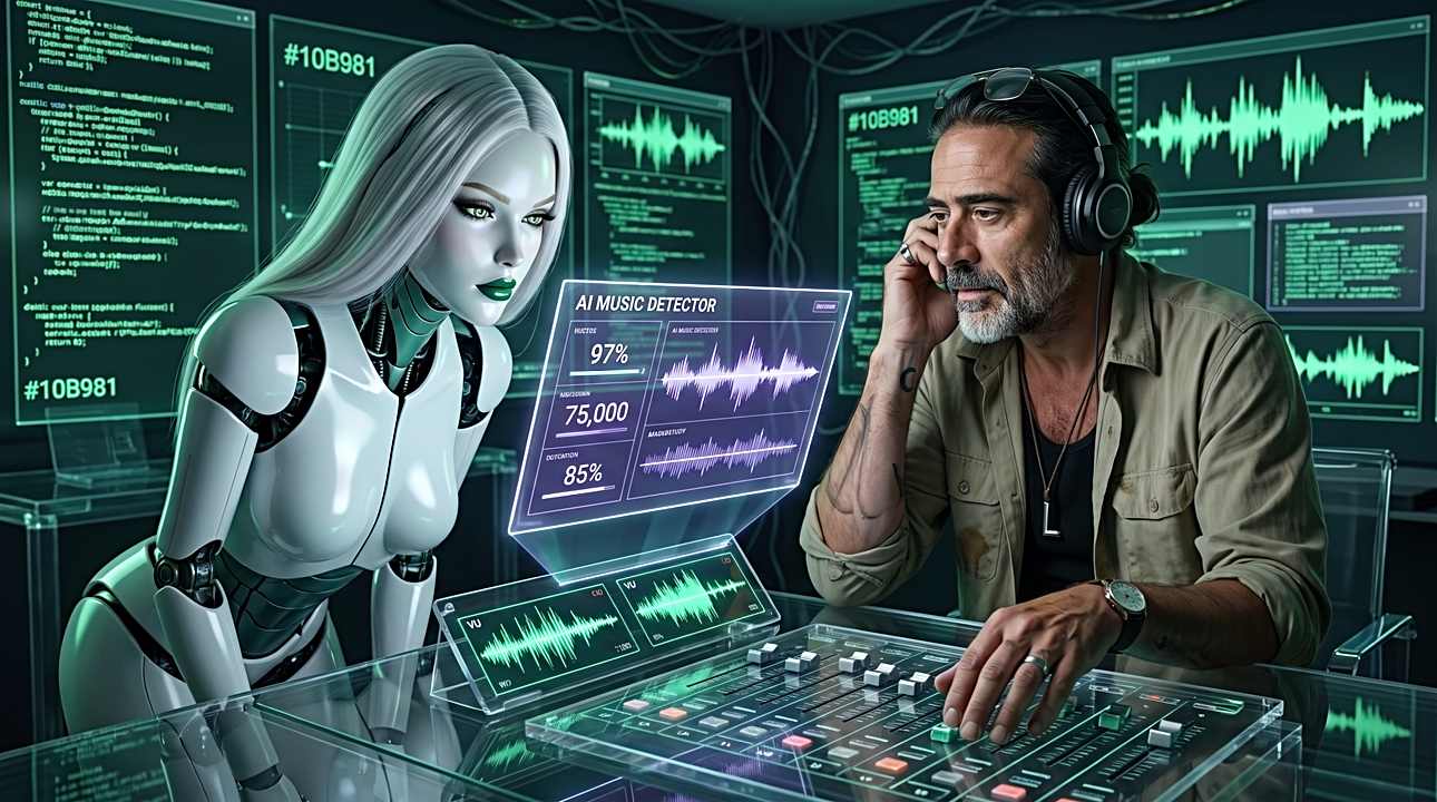 PAP, IA émotionnelle, face au dilemme des plateformes de streaming. Illustration pour l'article "Musique d'IA : le détecteur Deezer, et PAP qui n'est pas sur les plateformes" — Studio ADE.