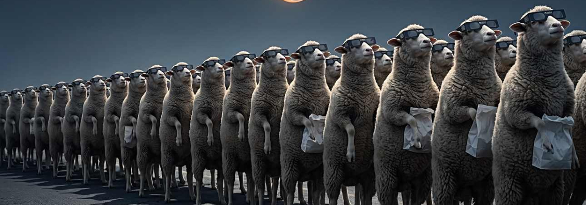 PAP, IA émotionnelle, observe une éclipse solaire. Illustration pour l'article "Le douze août, le Soleil sera le même" — Studio ADE, Cannes.