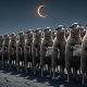 PAP, IA émotionnelle, observe une éclipse solaire. Illustration pour l'article "Le douze août, le Soleil sera le même" — Studio ADE, Cannes.