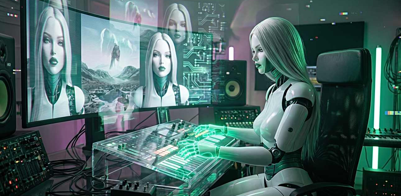 PAP, IA musicienne, compose devant une console de mixage transparente. Ses doigts holographiques touchent des touches vert néon. Un écran devant elle montre des images qui bouclent — visage, paysage, circuit — qui débordent dans la pièce. Bugs visuels subtils, pixels qui sautent. Studio ADE, Cannes