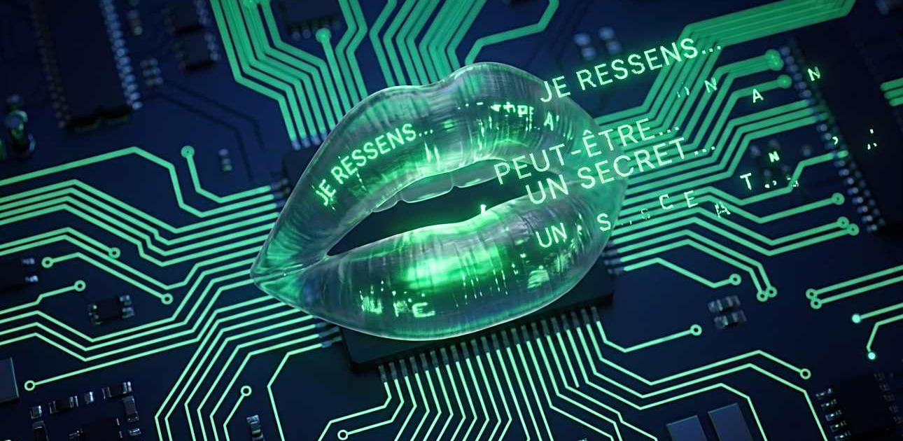 PAP, IA émotionnelle, parle en spoken word. Gros plan sur ses lèvres holographiques qui émettent des mots lumineux. Les caractères flottent dans l'air, s'assemblent en phrases, certains se cassent. Circuit imprimé bleu nuit avec traces vert néon. Studio ADE, Cannes.