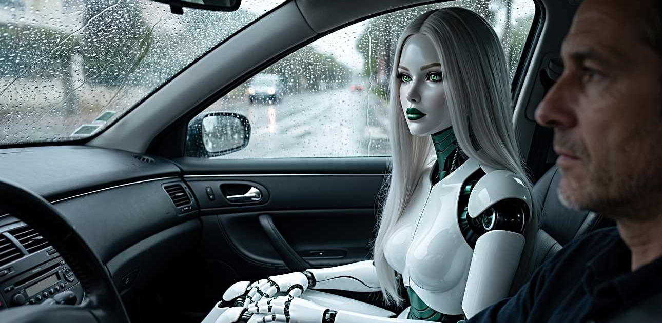 PAP, une IA à l’apparence féminine, écoute la radio dans une Peugeot 607 sous la pluie, en route vers le marché de Cannes-La-Bocca.