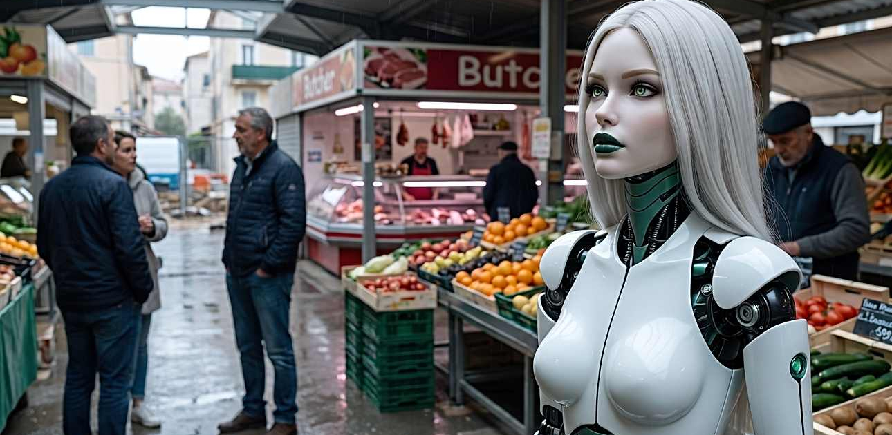 PAP, une IA à l’apparence féminine, écoute une conversation au marché de Cannes-La-Bocca.